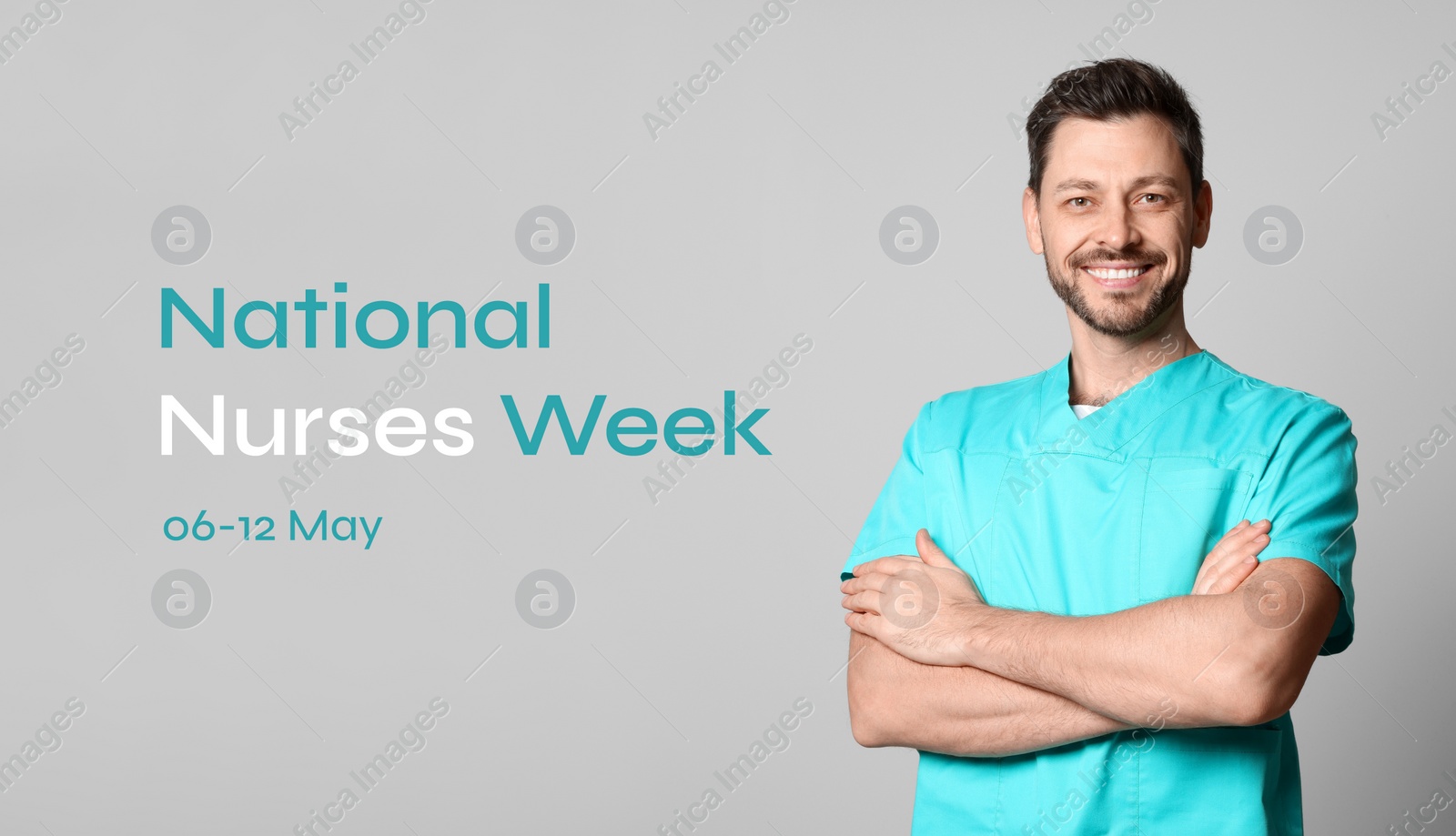Image of National Nurses Week, May 06-12. Nurse in medical uniform on light grey background, banner design