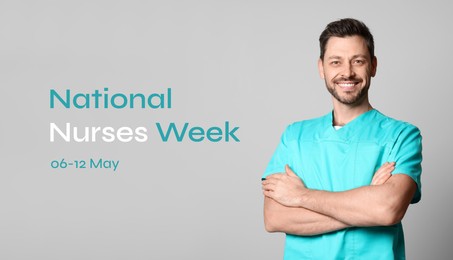 National Nurses Week, May 06-12. Nurse in medical uniform on light grey background, banner design