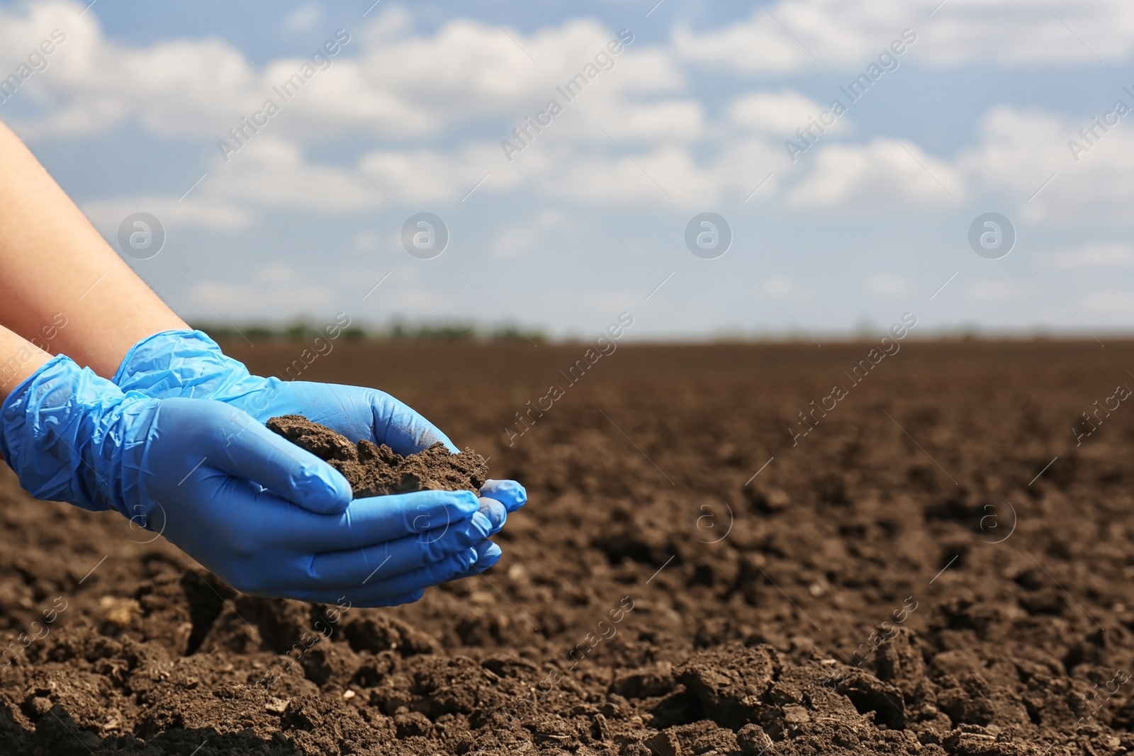 Photo of Woman holding pile of soil outdoors, closeup. Space for text