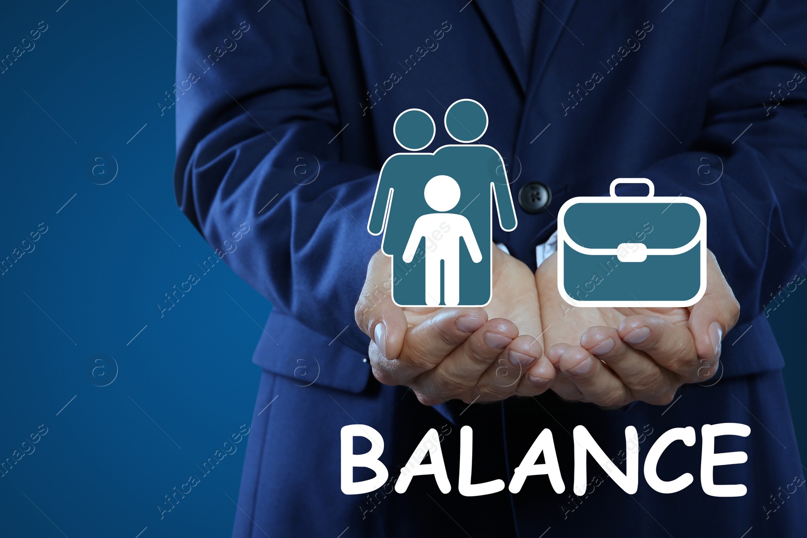 Image of Man holding virtual icons against blue background, closeup. Concept of balance between life and work