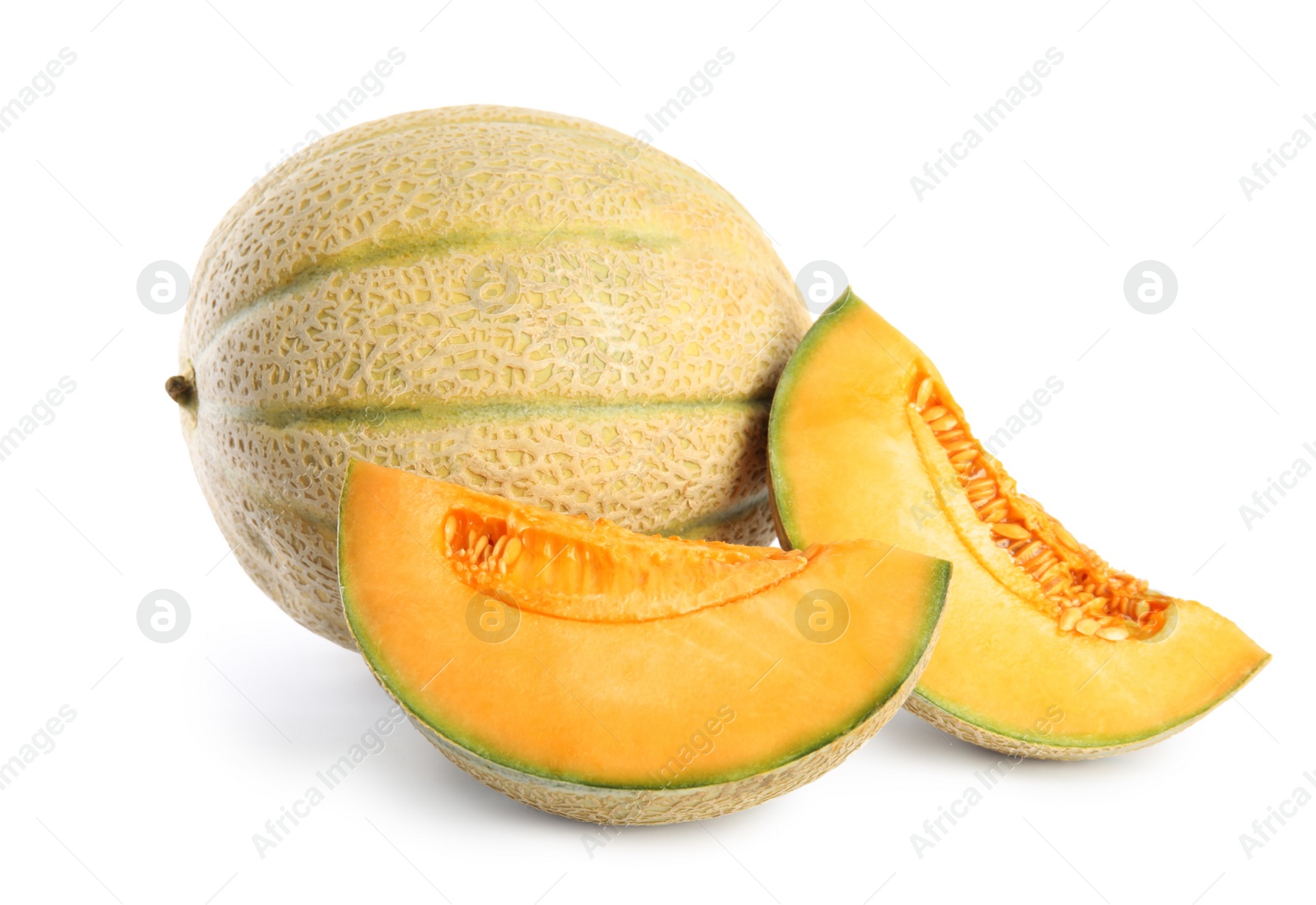 Photo of Tasty fresh cut and whole melons isolated on white