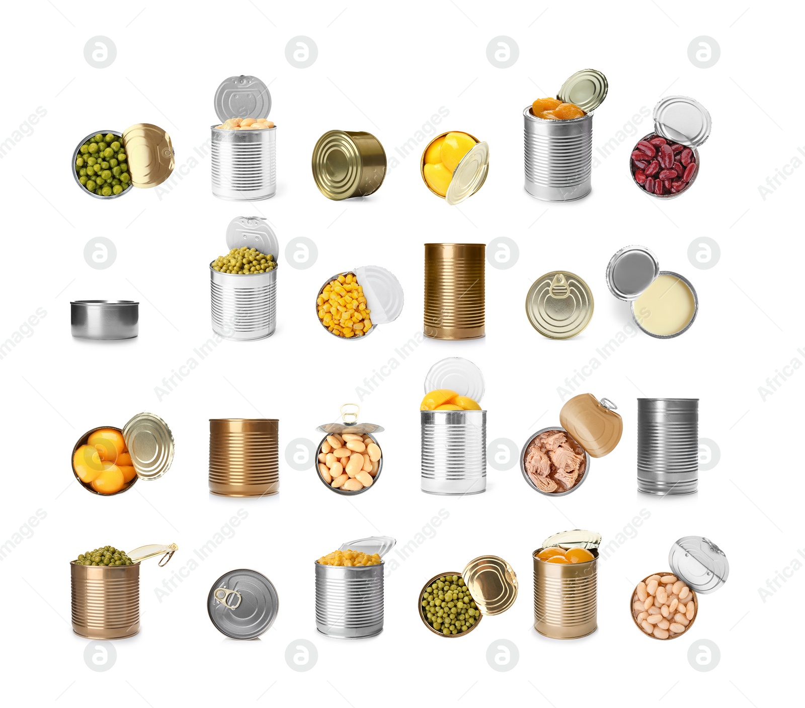 Image of Set of different canned food on white background