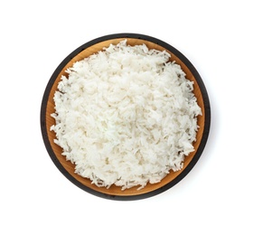 Photo of Bowl of boiled rice on white background, top view