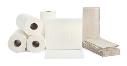 Photo of Many different paper towels on white background