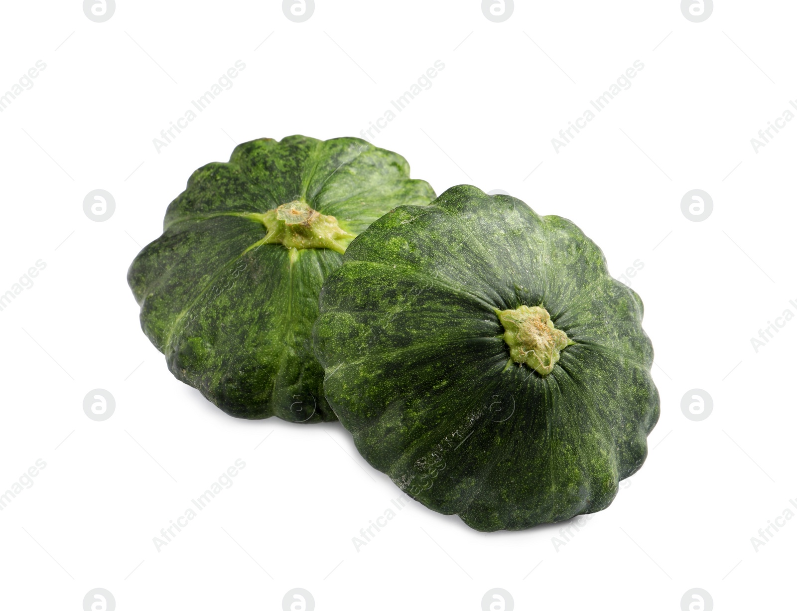 Photo of Fresh ripe green pattypan squashes on white background