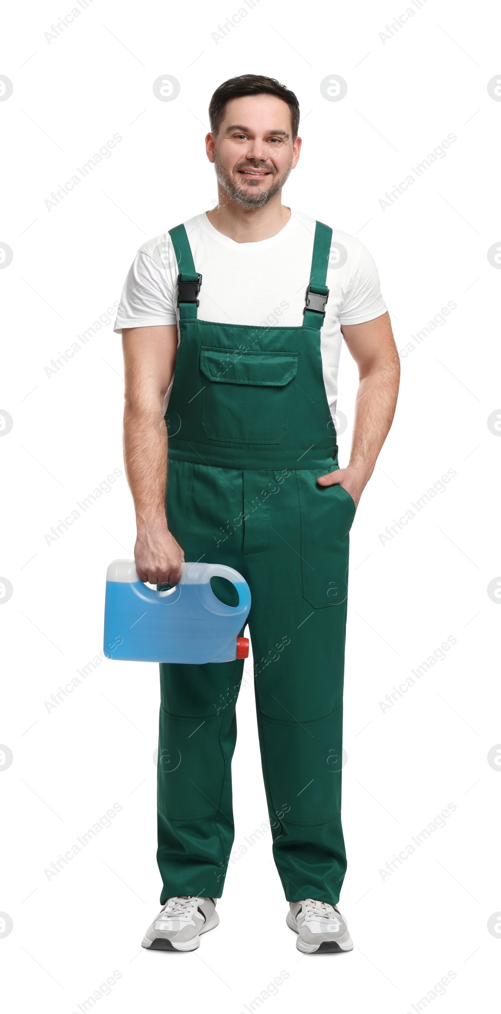 Photo of Man holding canister with blue liquid on white background