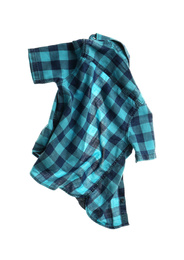 Photo of Rumpled plaid shirt isolated on white. Messy clothes