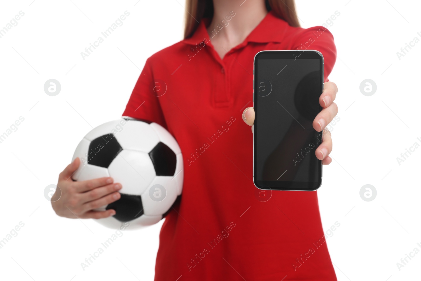 Photo of Sports fan with ball and smartphone on white background, closeup