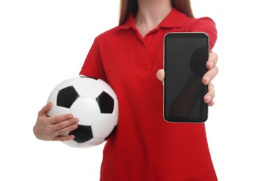 Photo of Sports fan with ball and smartphone on white background, closeup