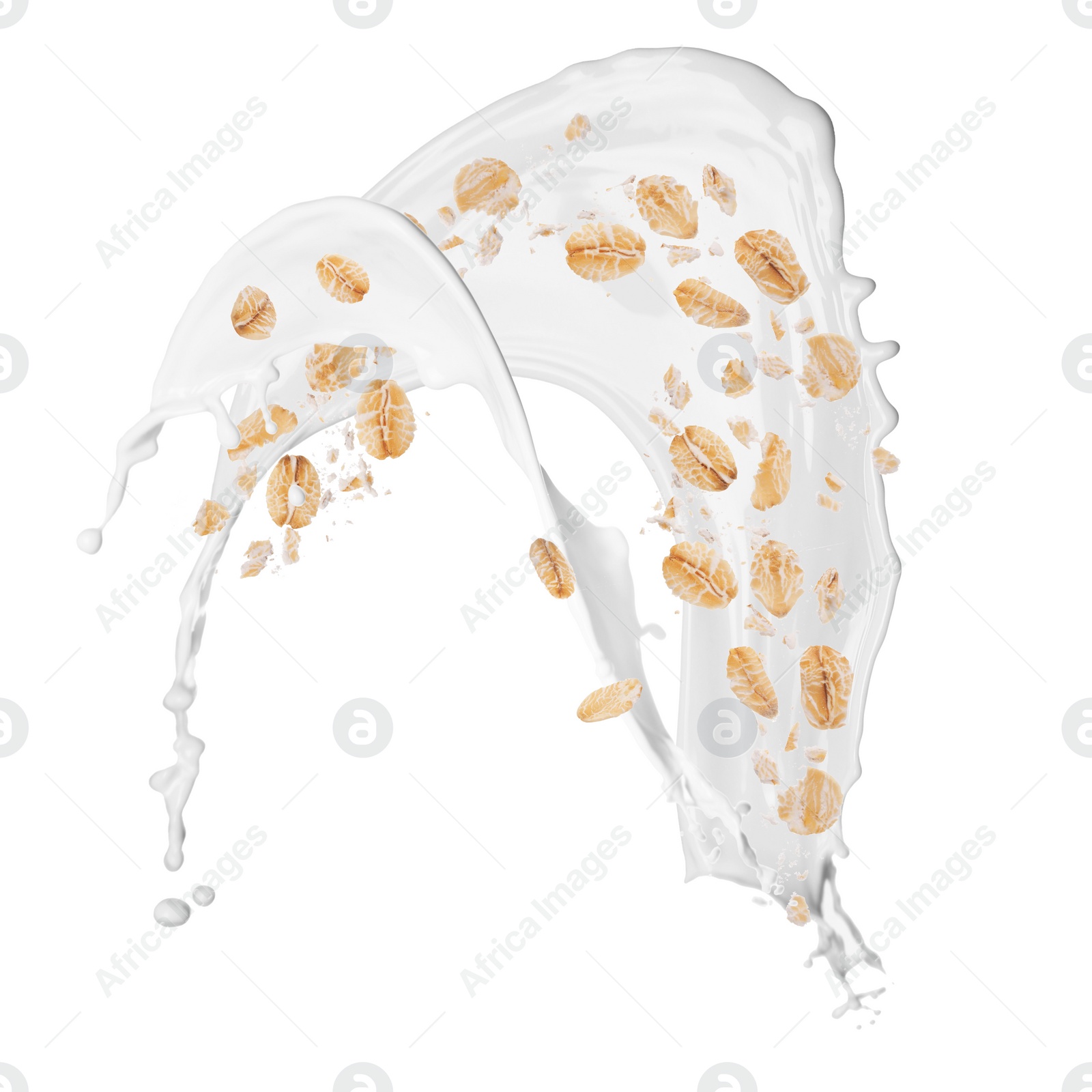 Image of Rolled oats and milk splash isolated on white