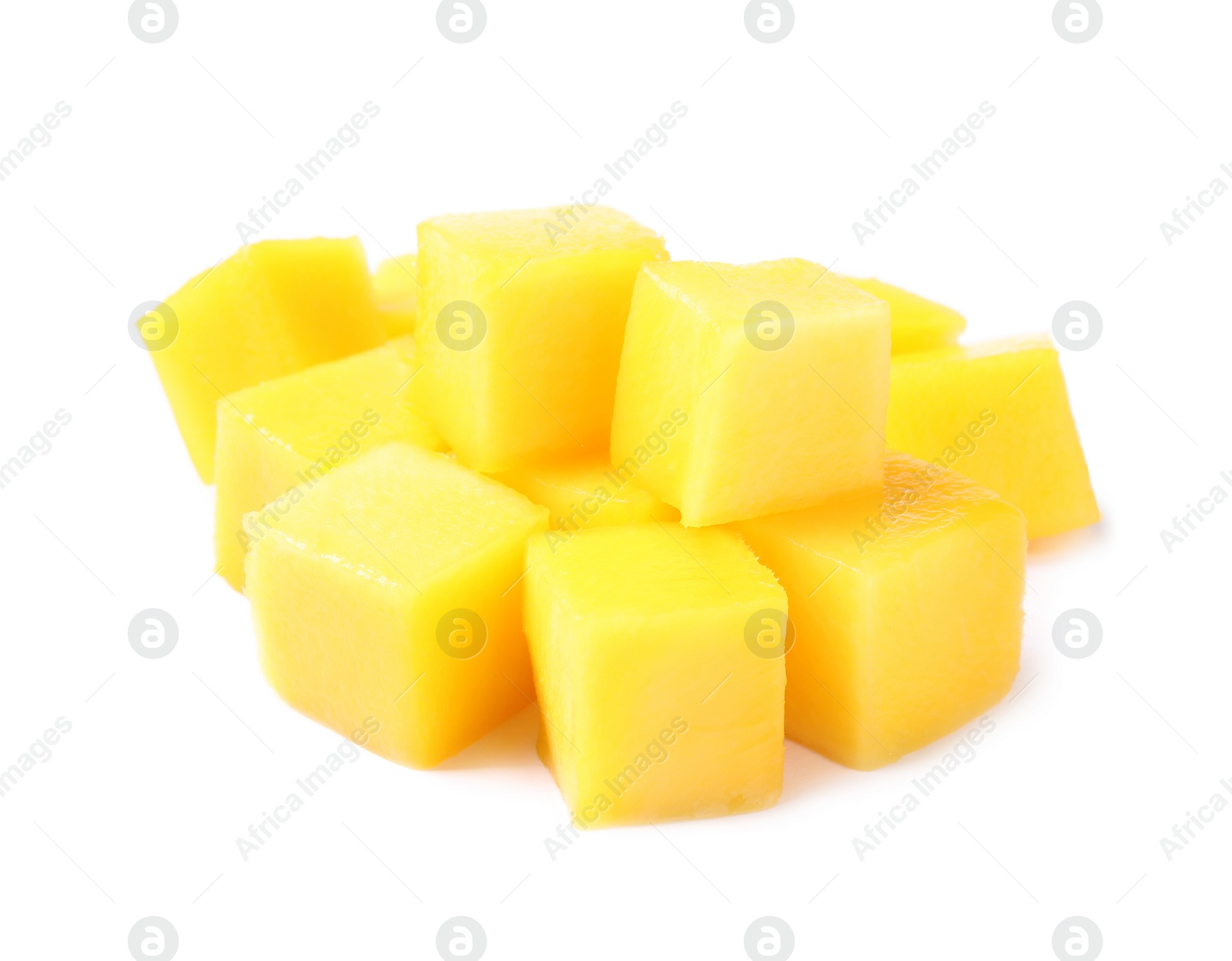 Photo of Fresh juicy mango cubes isolated on white