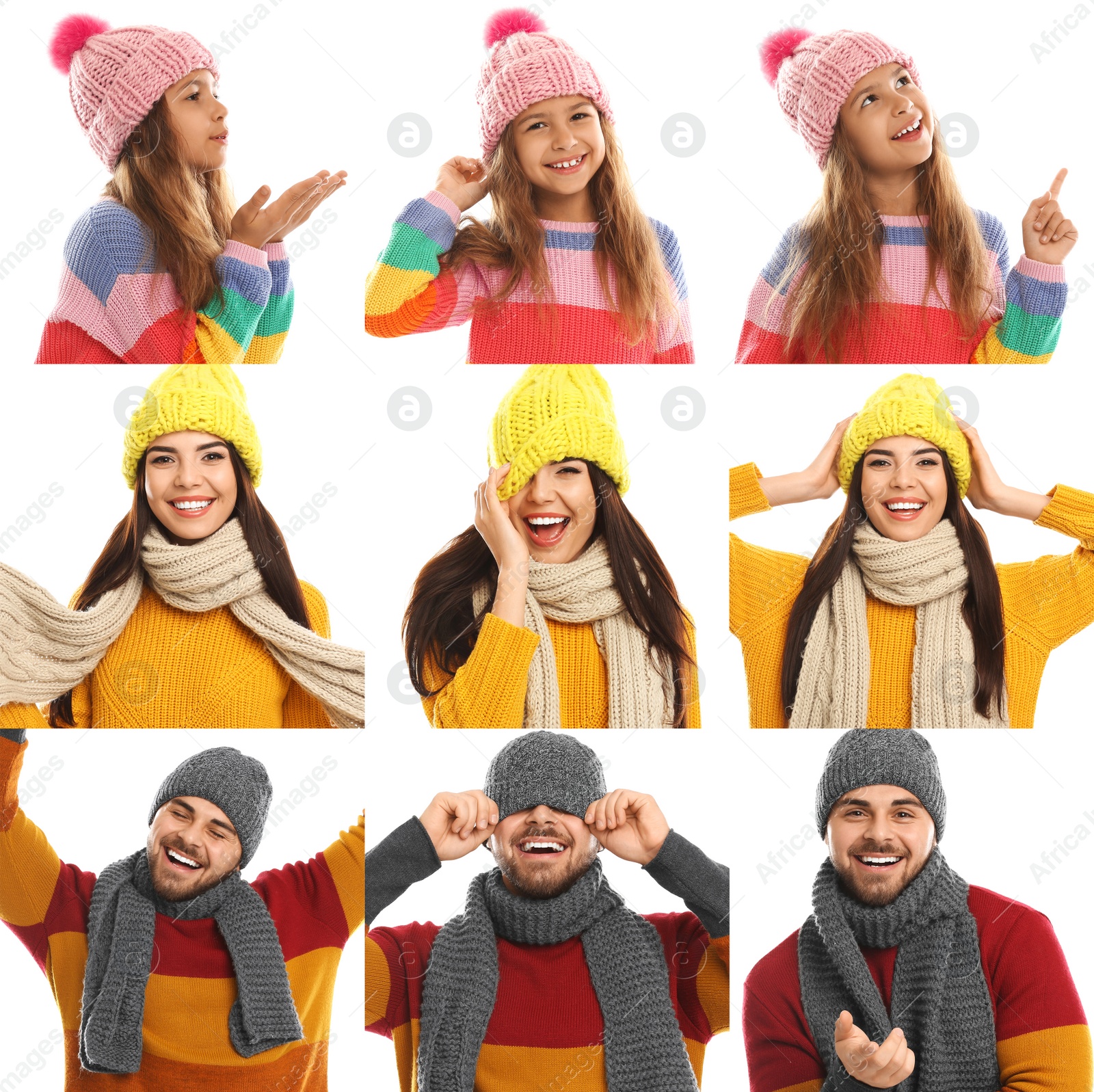 Image of Collage with photos of people wearing warm clothes on white background. Winter vacation