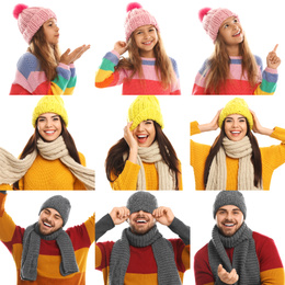 Image of Collage with photos of people wearing warm clothes on white background. Winter vacation