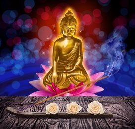 Composition with smoldering incense stick on wooden table and Buddha figure on background