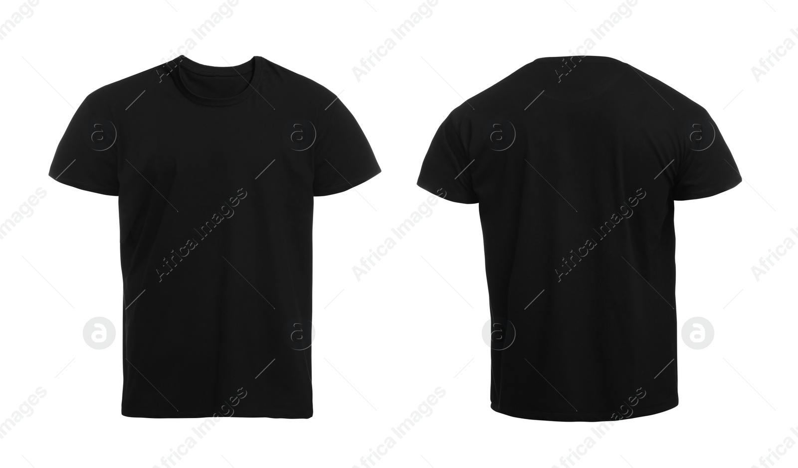 Image of Stylish black t-shirt on white background, front and back views. Space for design