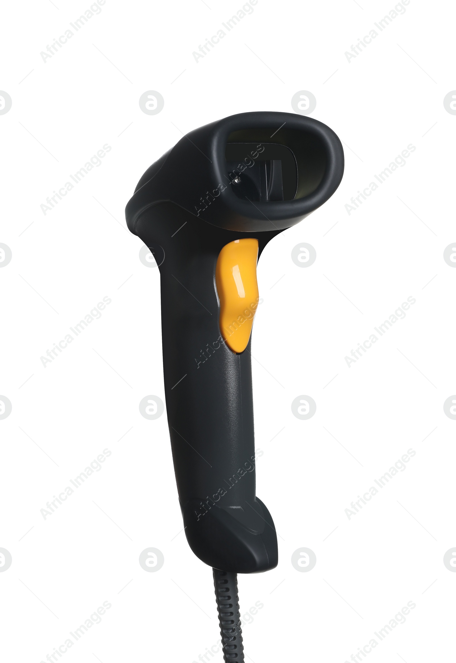 Photo of Black modern barcode scanner isolated on white