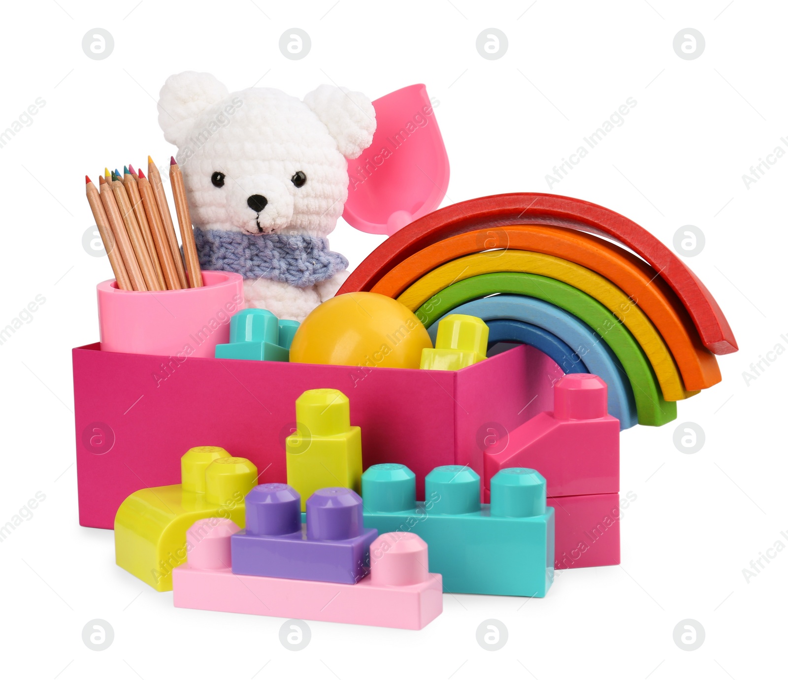 Photo of Many different children's toys and box isolated on white