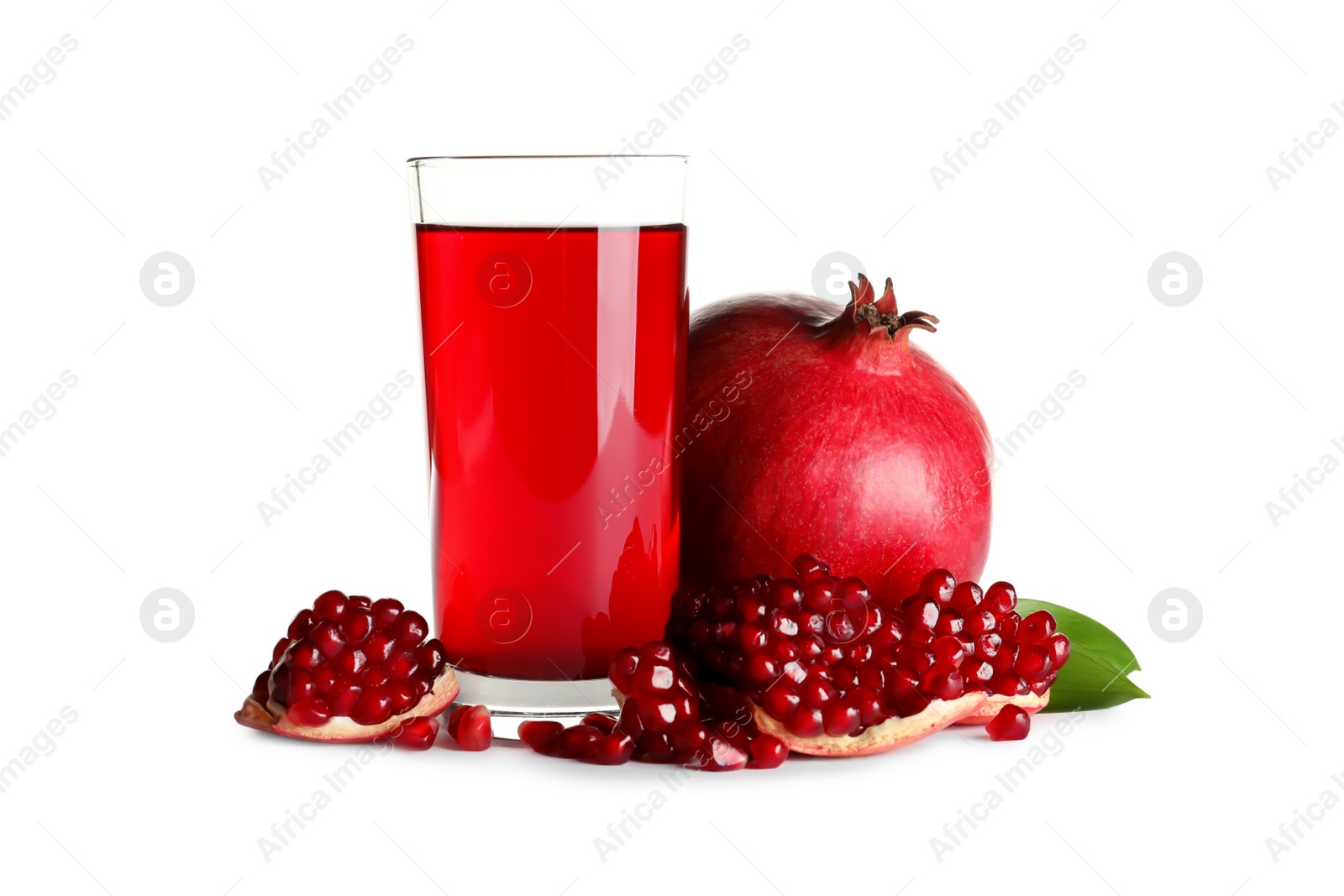 Photo of Glass of pomegranate juice and fresh fruits on white background