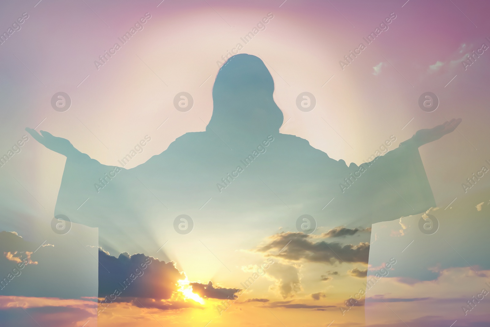 Image of Silhouette of Jesus Christ and cloudy sky, double exposure