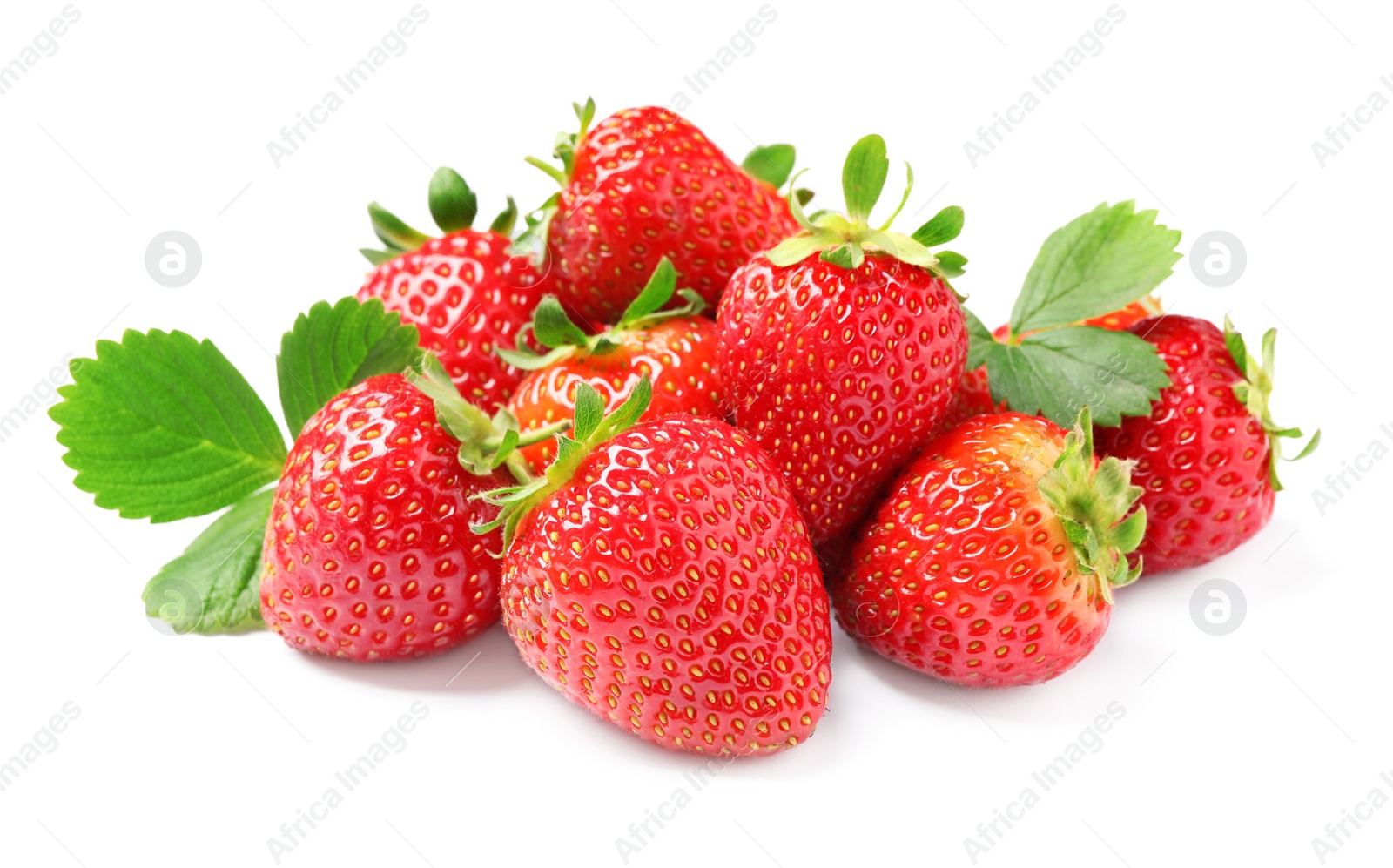 Photo of Pile of delicious fresh strawberries and green leaves on white background