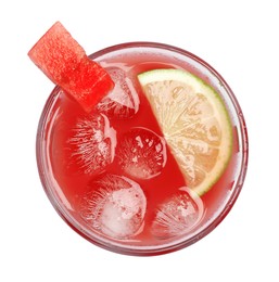 Photo of Tasty watermelon drink with slice of lime and ice cubes in glass isolated on white, top view