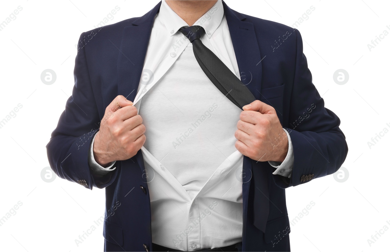 Photo of Businessman wearing superhero costume under suit on white background, closeup