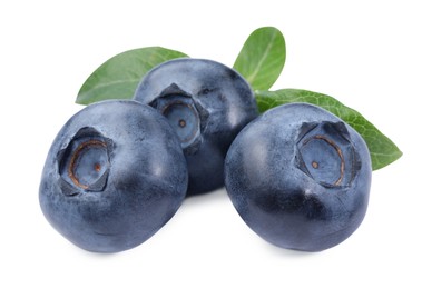 Photo of Many fresh ripe blueberries and leaves isolated on white