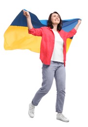 Happy woman with flag of Ukraine on white background