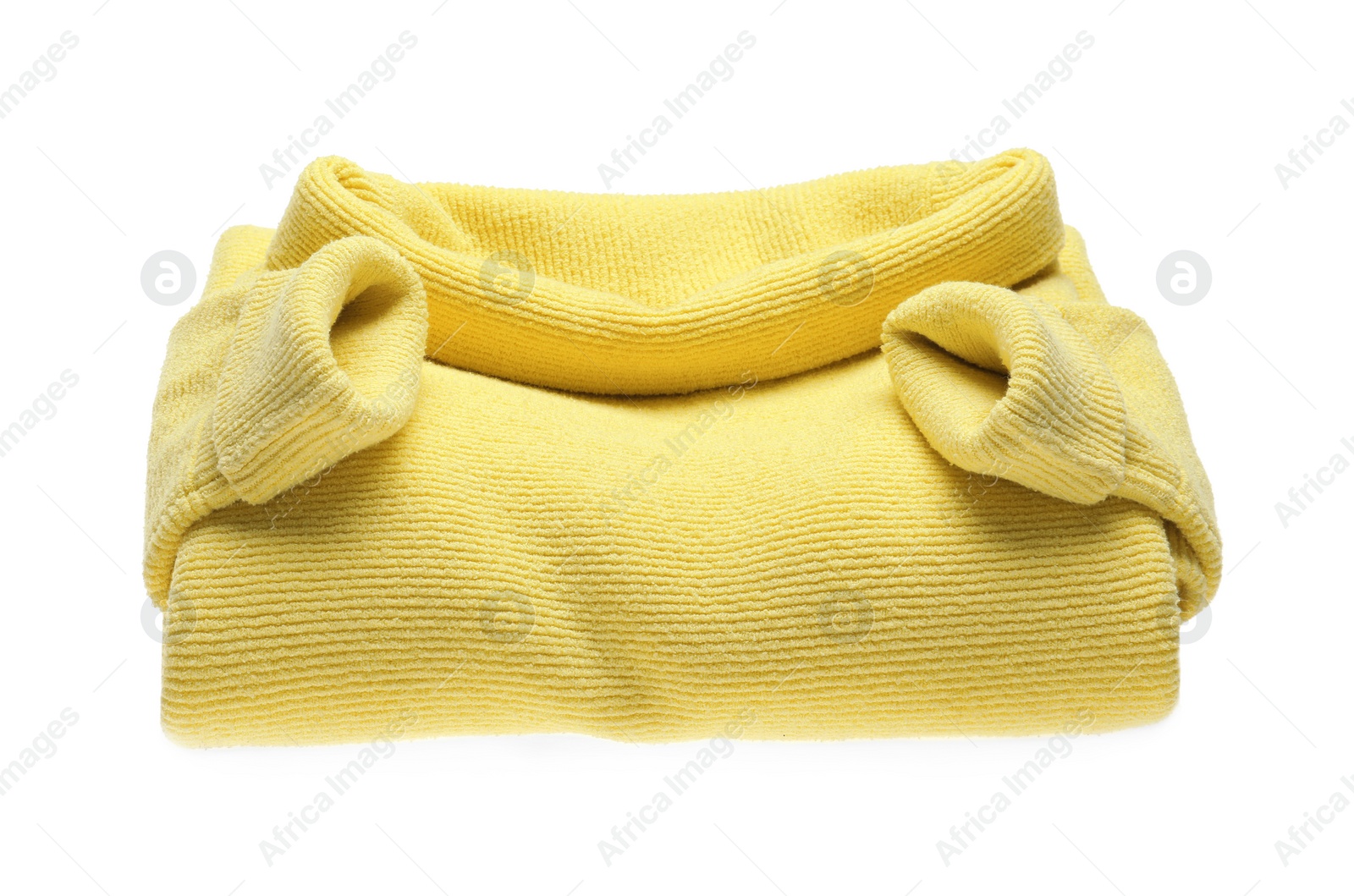 Photo of Yellow woolen sweater isolated on white. Warm clothes