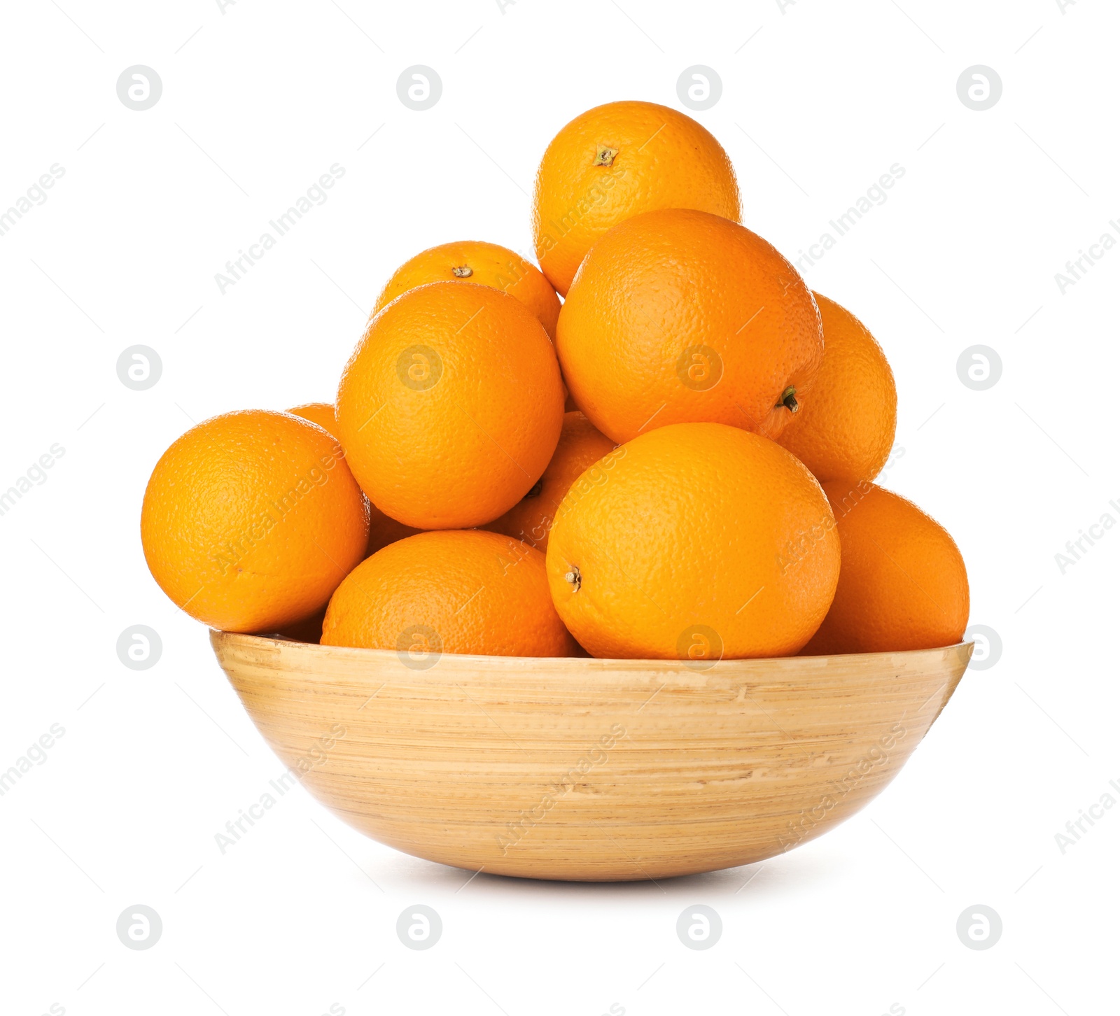 Photo of Fruit bowl with tasty oranges isolated on white