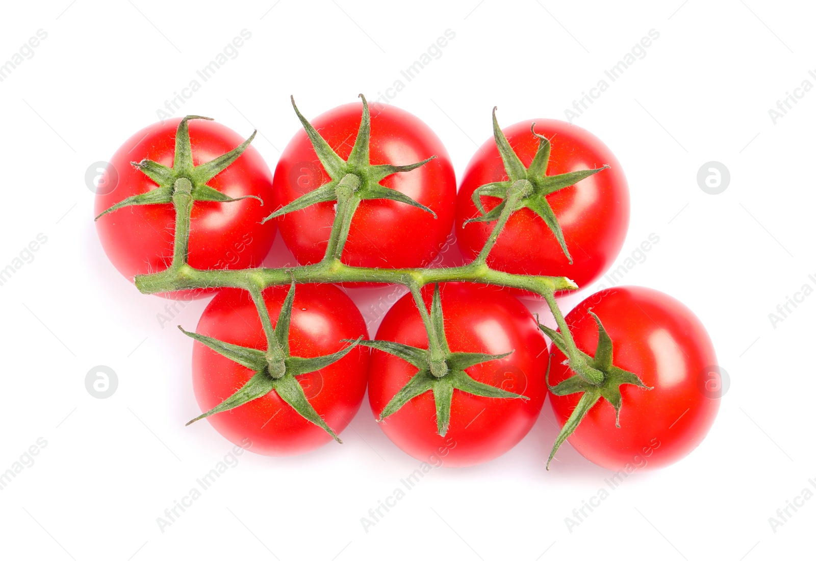 Photo of Branch of fresh cherry tomatoes isolated on white