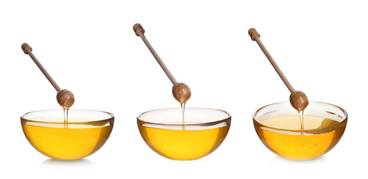 Set of organic delicious honey on white background