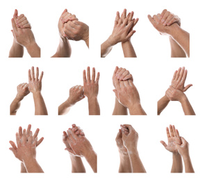 Collage of people washing hands with soap on white background, closeup