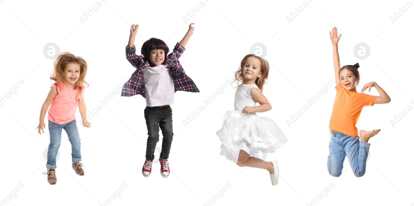 Image of Different kids jumping on white background, collage with photos