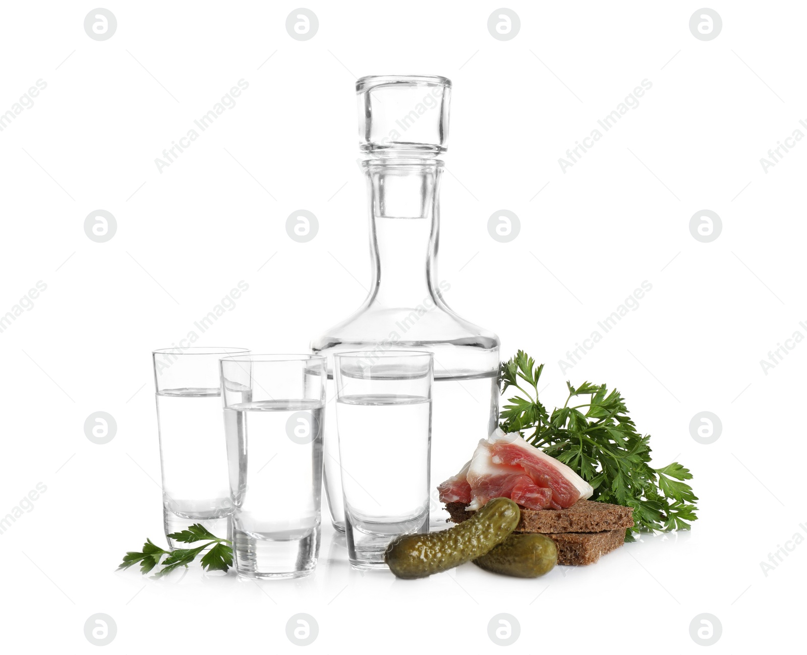 Photo of Russian vodka and different appetizers isolated on white