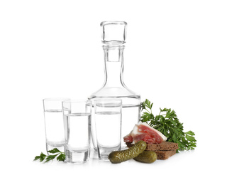 Photo of Russian vodka and different appetizers isolated on white