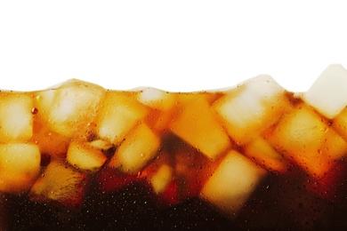 Closeup view of tasty refreshing cola with ice cubes on white background