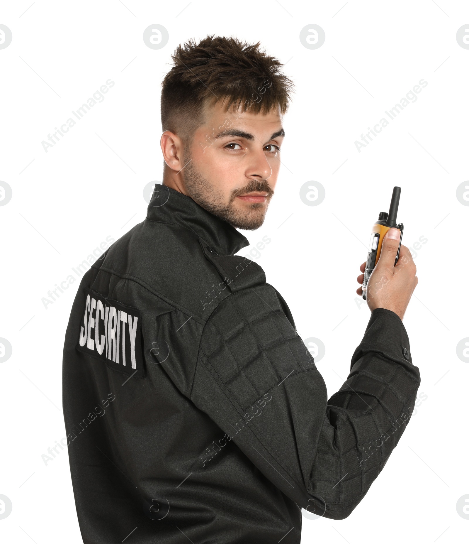 Photo of Male security guard in uniform using portable radio transmitter on white background