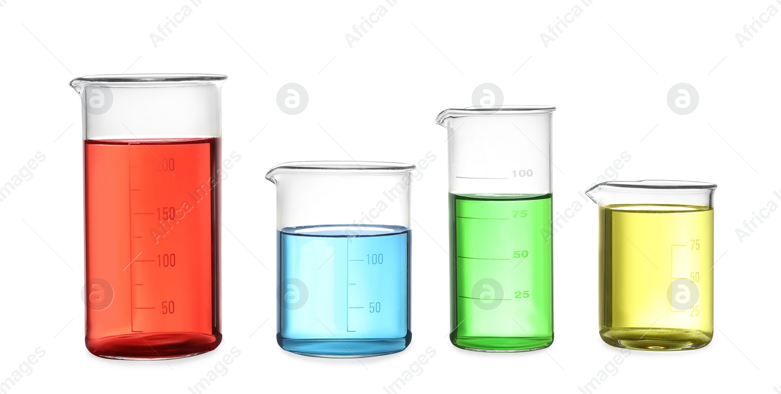 Photo of Different laboratory glassware with colorful liquids isolated on white