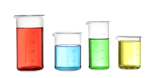 Photo of Different laboratory glassware with colorful liquids isolated on white