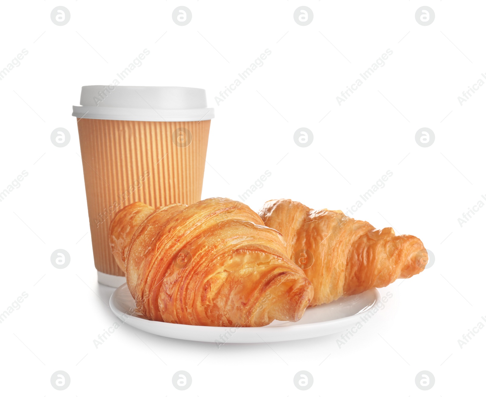 Photo of Plate with tasty croissants and cup of coffee on white background