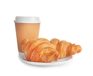 Photo of Plate with tasty croissants and cup of coffee on white background