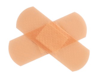 Photo of Medical adhesive bandages isolated on white, top view