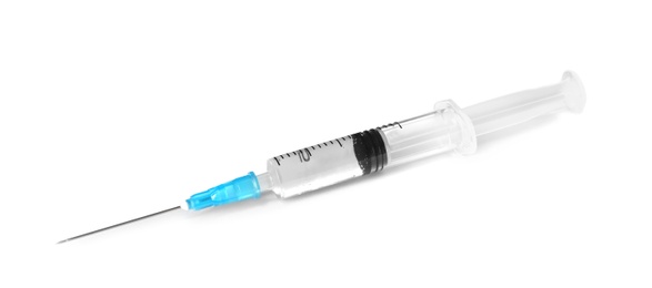 Plastic syringe with medicament on white background. Medical care