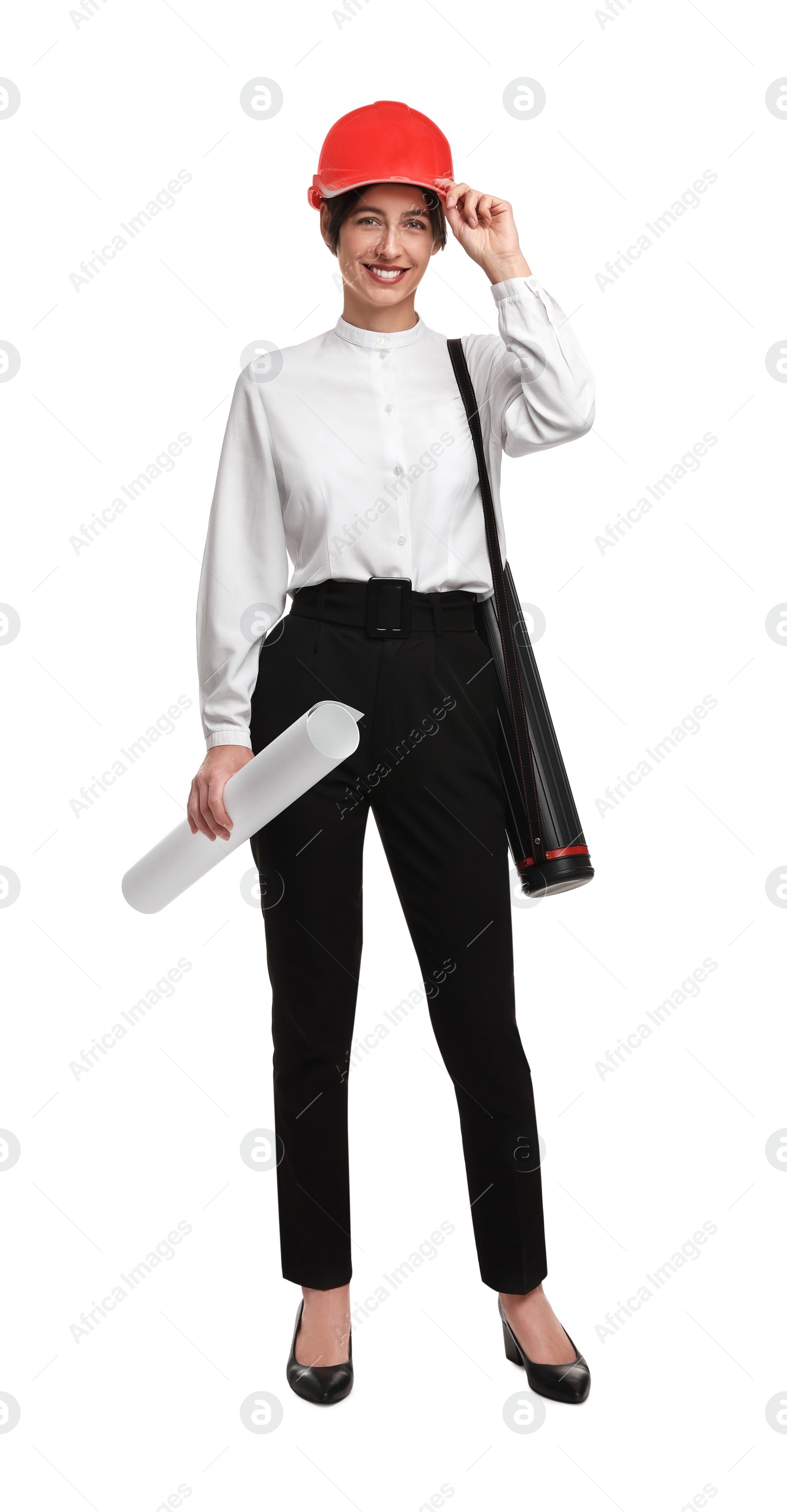 Photo of Architect with hard hat, tube and draft on white background