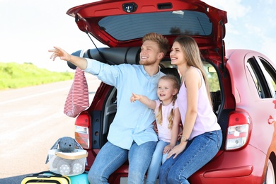 Photo of Young family with luggage near car trunk outdoors