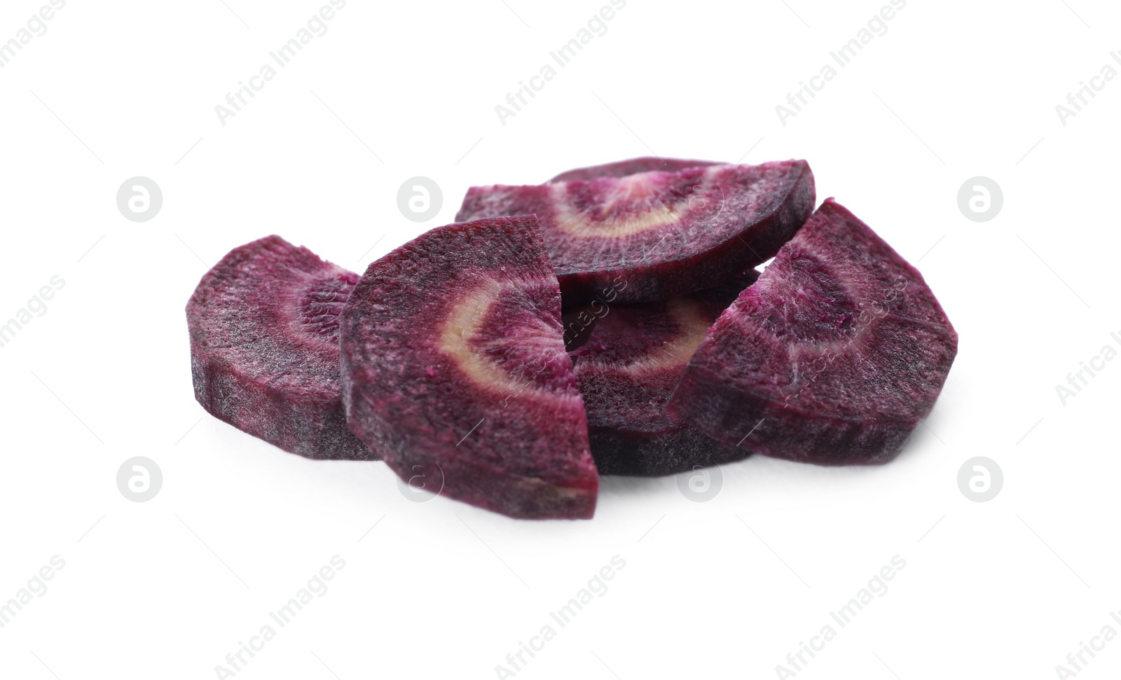 Photo of Slices of raw purple carrot isolated on white