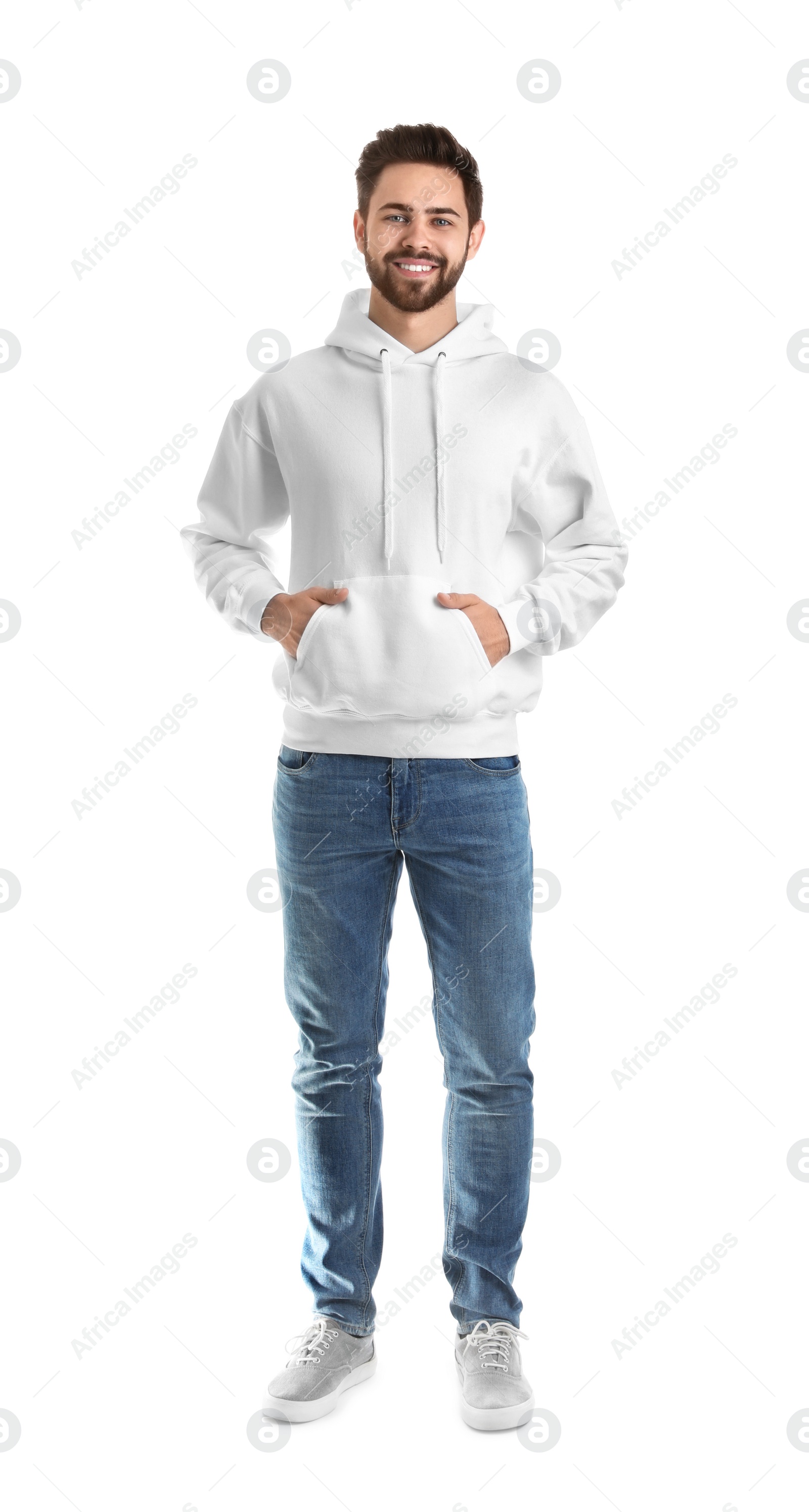 Photo of Full length portrait of young man in sweater isolated on white. Mock up for design