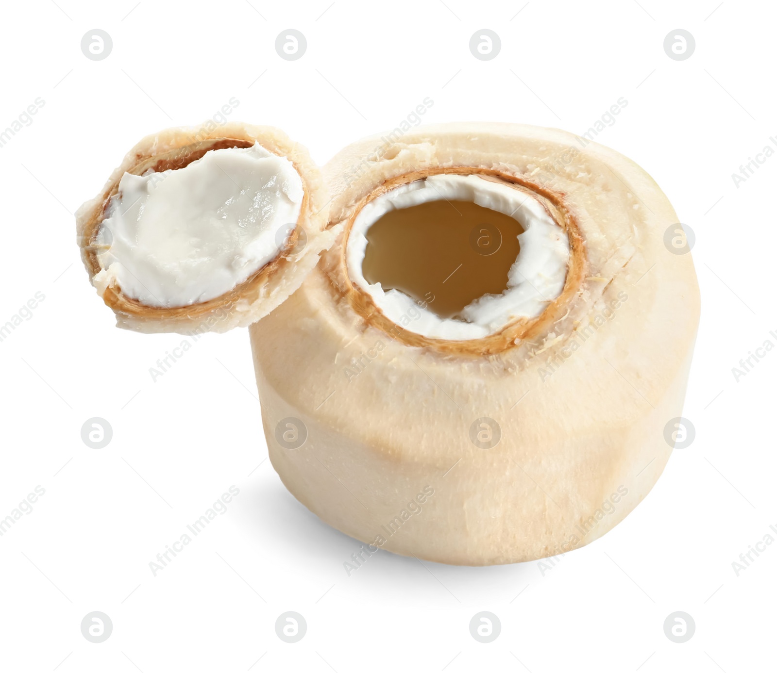 Photo of Fresh coconut water in nut on white background