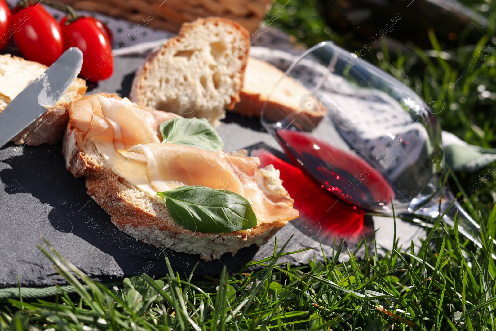 Photo of Blanket with wine and snacks for picnic on green grass, closeup